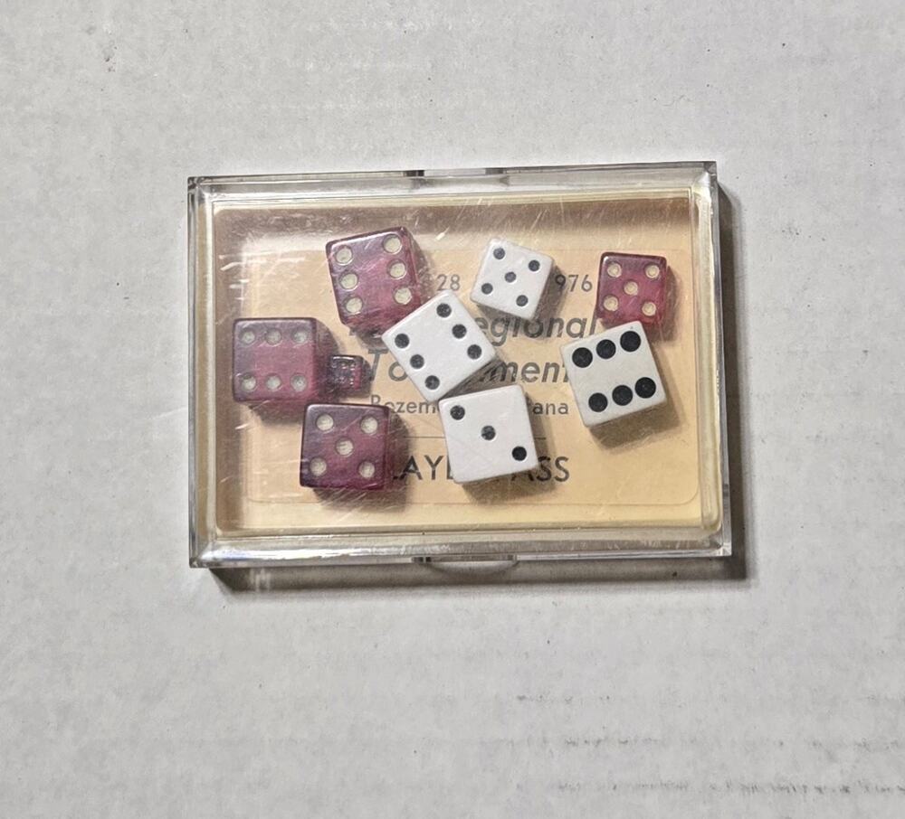 Vintage Mixed Dice Lot 9 Pcs Red Translucent White Mini w/ 1976 Tournament Case